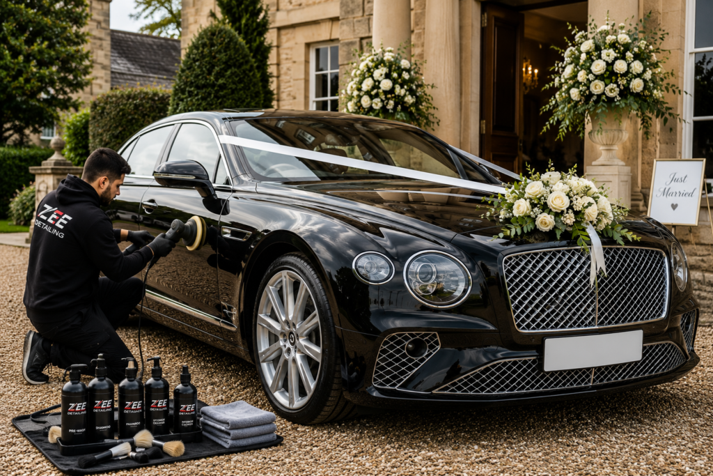 Luxury car detailing at wedding entrance