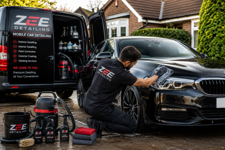 Mobile car detailing in suburban driveway