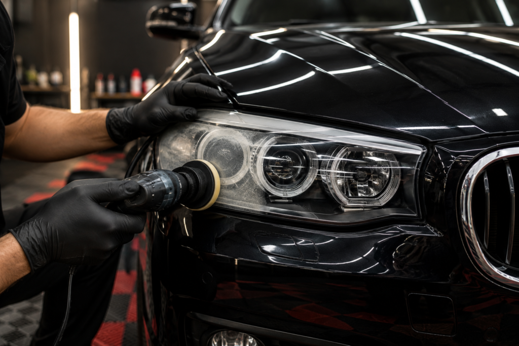 Polishing a luxury car headlight