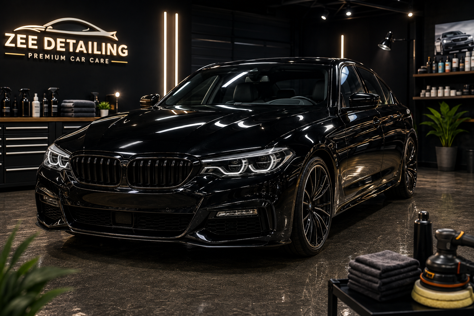 Premium Black Car Detailing Showroom